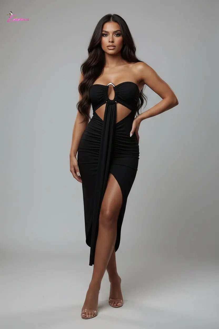 Ring-Detail Cut-Out Strapless Ruched Midi Dress Epicplacess