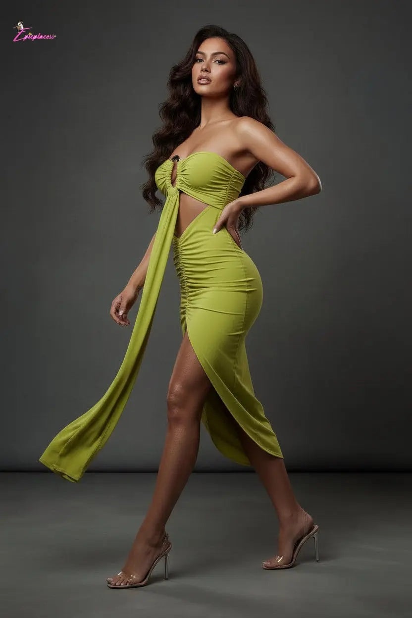 Ring-Detail Cut-Out Strapless Ruched Midi Dress - Epicplacess