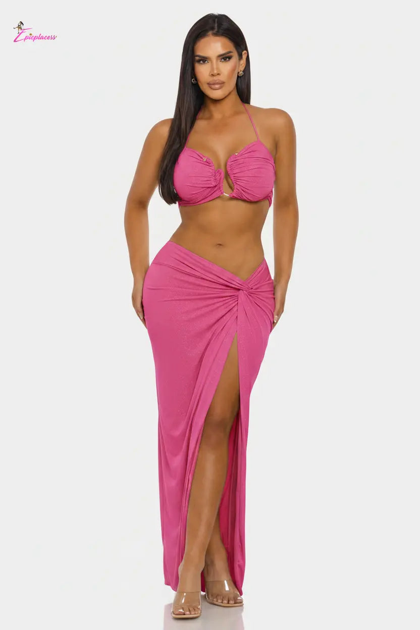 Ruched Halter Bra Top & Twist Maxi Skirt Set in Sage Green - Studio Edit