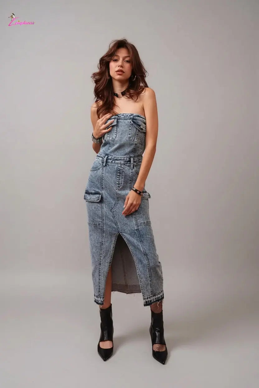 Rustic Women's Denim Wrap Midi Dress - Epicplacess