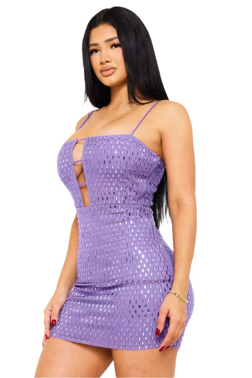 Rhinestone On Power Mesh Mini Dress - Epicplacess