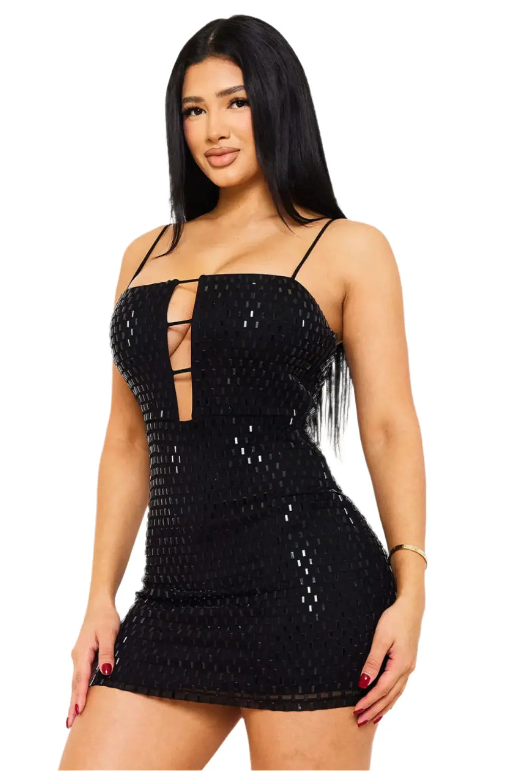 Rhinestone On Power Mesh Mini Dress - Epicplacess