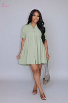 Sage Green Button-Down Smocked Waist Mini Shirt Dress - Epicplacess