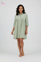 Sage Green Button-Down Smocked Waist Mini Shirt Dress - Epicplacess