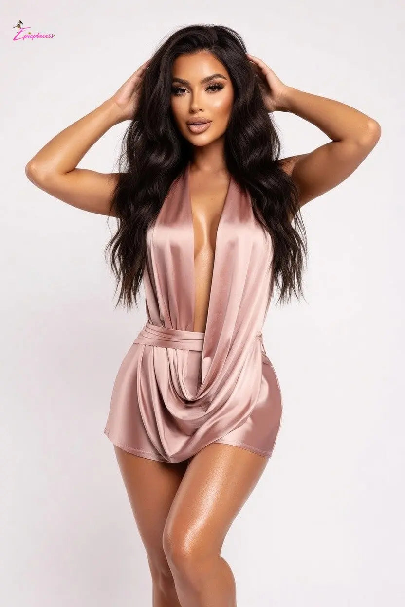 Woman wearing a pink satin romper against a white background