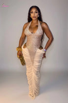 Sequin Halter Deep V Cutout Ruched Mesh Maxi Dress - Epicplacess