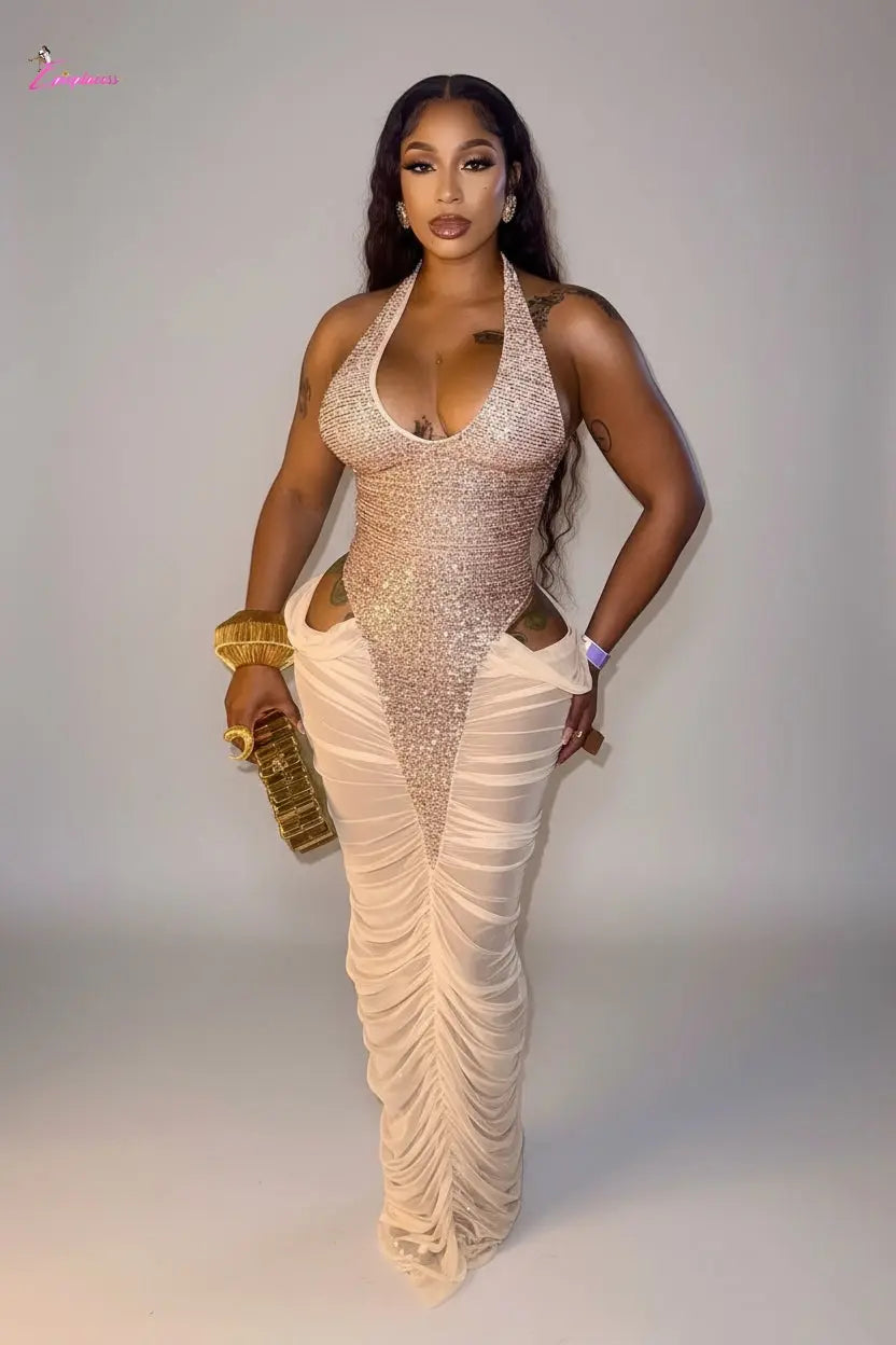 Sequin Halter Deep V Cutout Ruched Mesh Maxi Dress - Epicplacess