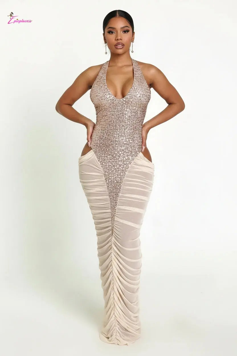 Sequin Halter Deep-V Cutout Mesh Maxi Dress