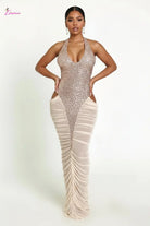 Sequin Halter Deep V Cutout Ruched Mesh Maxi Dress - Epicplacess