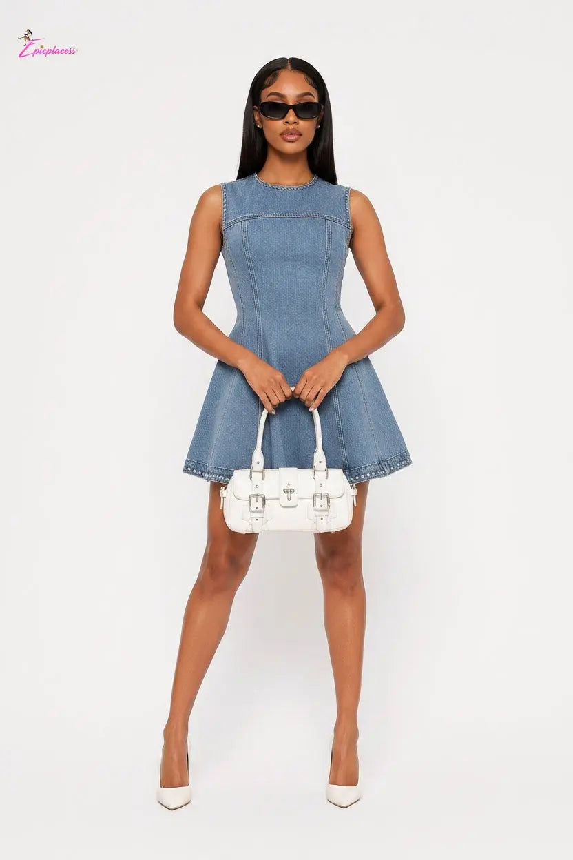 Woman wearing a denim dress on a white background