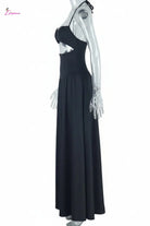 Black dress on a mannequin with a white background