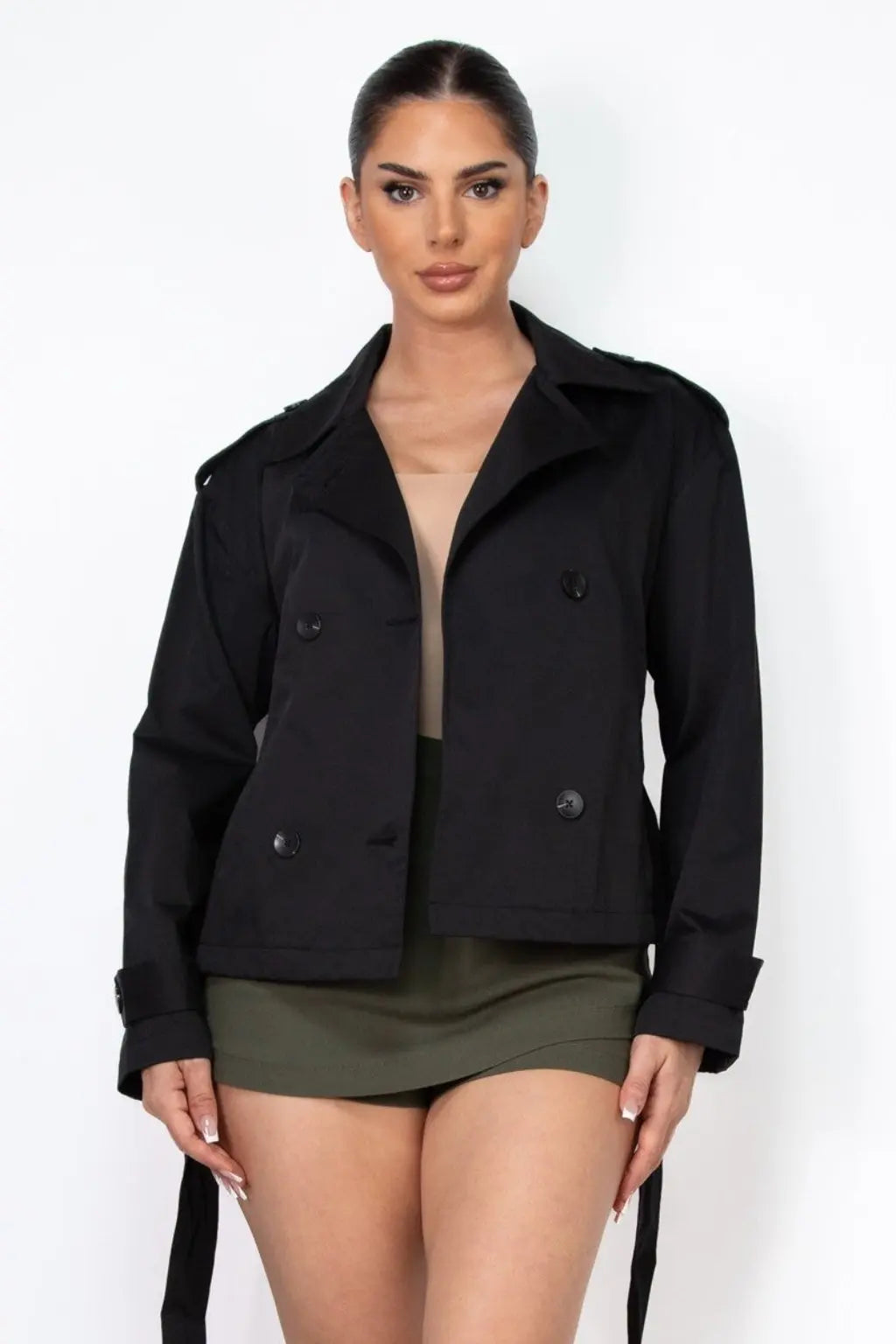Breasted Vegan Leather Coat - Black - Epicplacess