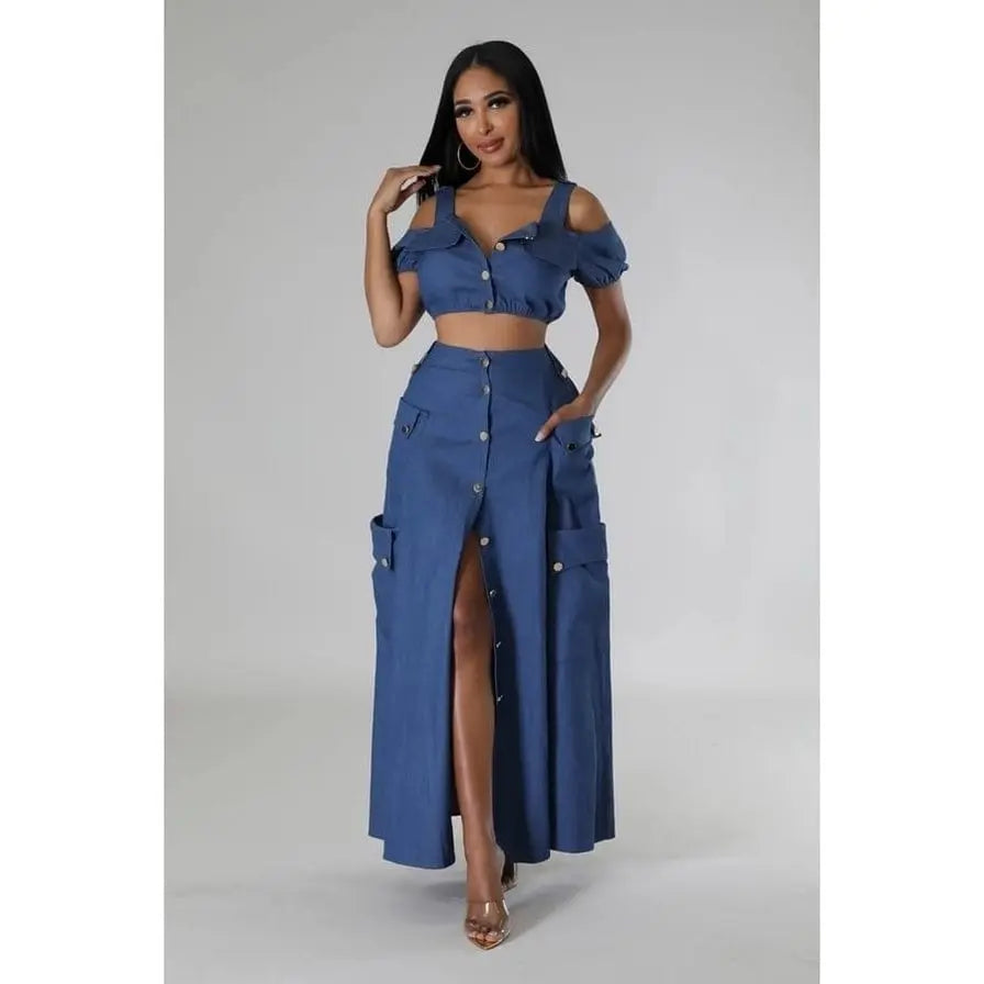 Night Angel Skirt Set With Off shoulder Crop Top Dress Epicplacess Navy Blue S 