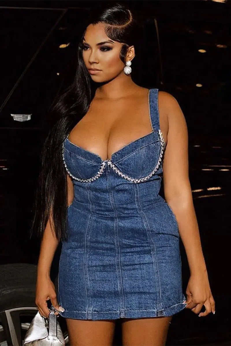 Tara Rhinestones Denim Mini Dress Dress Epicplacess   