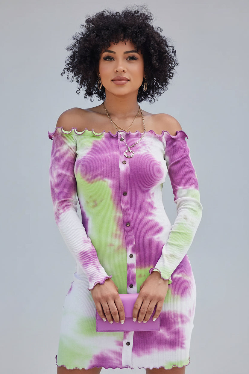 Off Shoulder Rib Knit Tie-Dye Mini Dress-Purple - Epicplacess