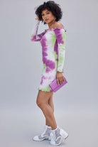 Off Shoulder Rib Knit Tie-Dye Mini Dress-Purple - Epicplacess