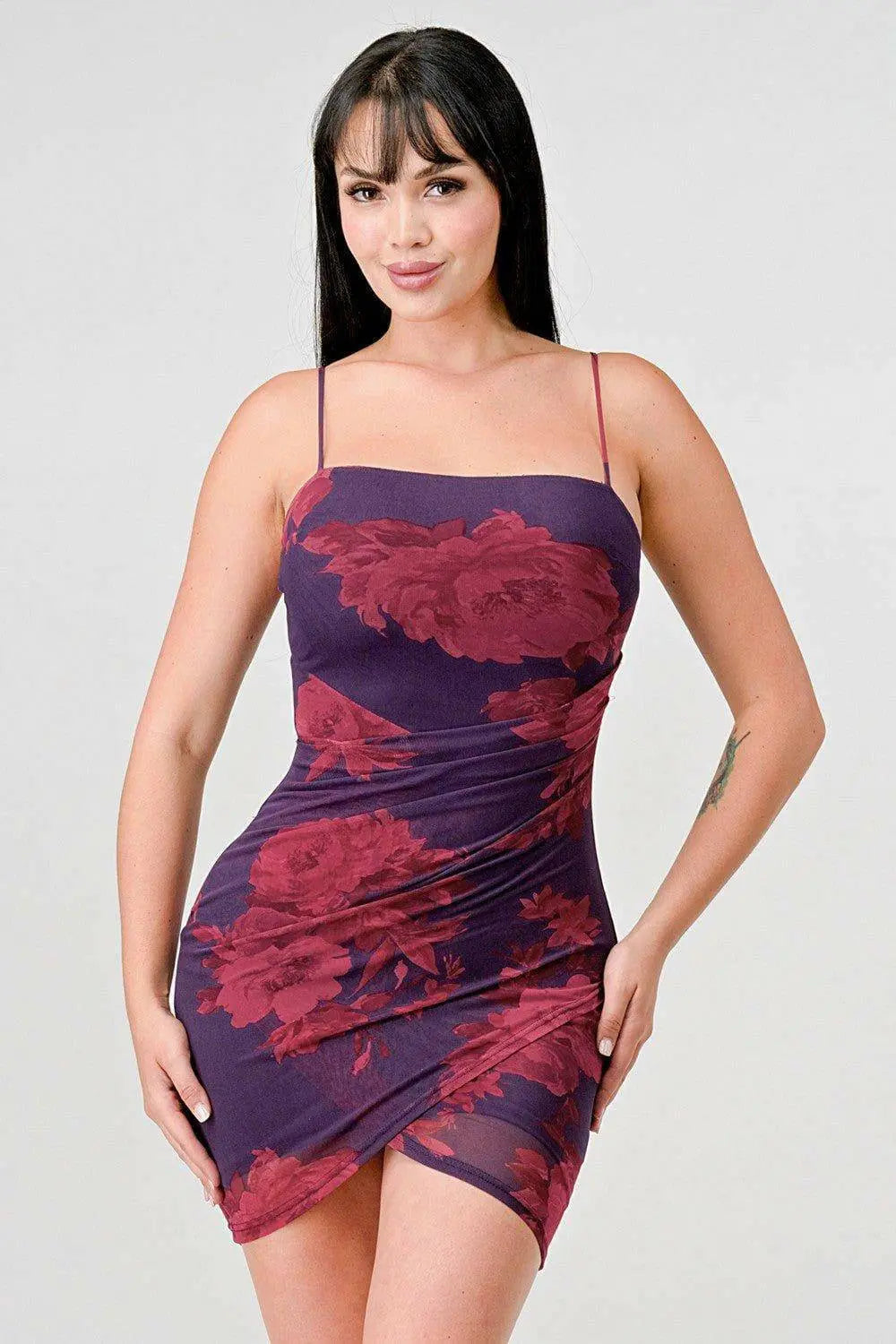 Dark Print Tulip Romance Mini Dress - Plum Dress Epicplacess   