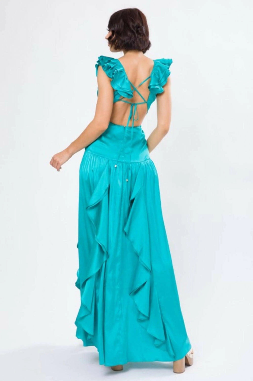 SOLID SATIN RUFFLE SLEEVE GOWN MAXI DRESS Dress Epicplacess   