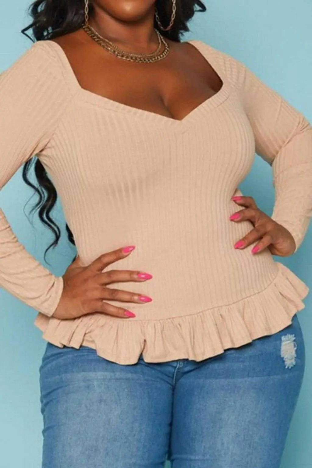 Ribbed Knit Ruffle Flare Shirt TOPS tops Epicplacess 3XL Beiga 