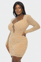 Nude Pearl Rhinestone Long Sleeve Plunge Bodycon Mini Dress - Front Three-Quarter View