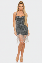Silver Mirror Tile Rhinestone Fringe Mini Dress - Front View