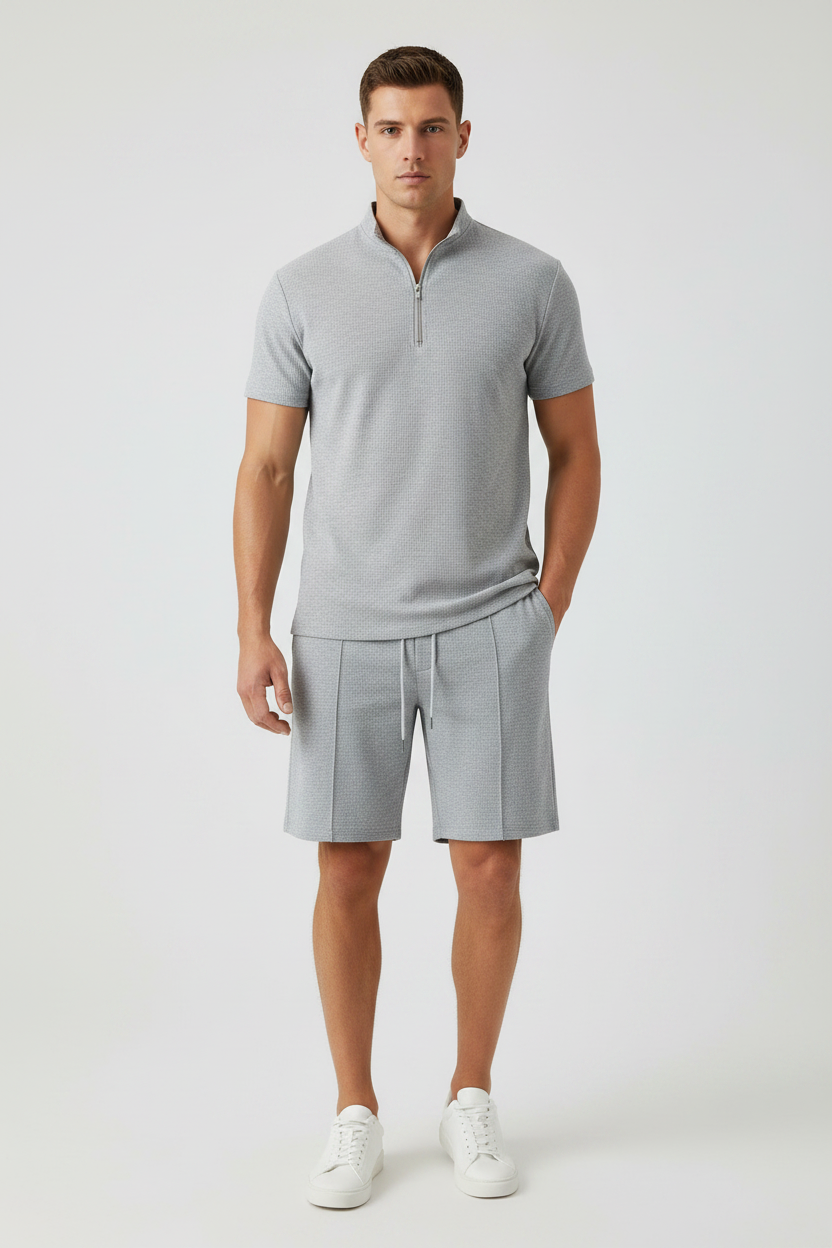 Men's Waffle-Knit Quarter-Zip Co-ord Set – Grey Front Flat Lay