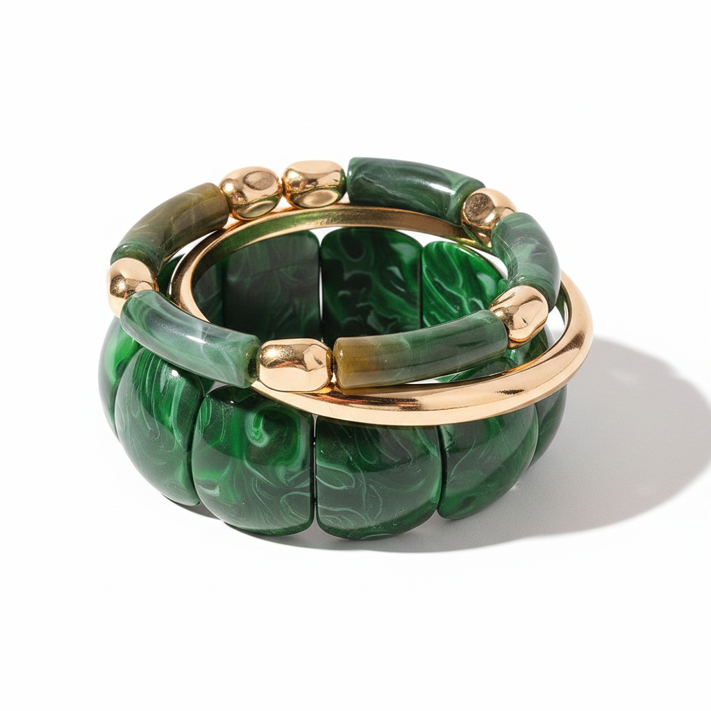 Green Marbled Resin & Gold Bracelet Stack Set