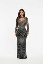 Black crystal baguette rhinestone cutout underwire maxi gown front view