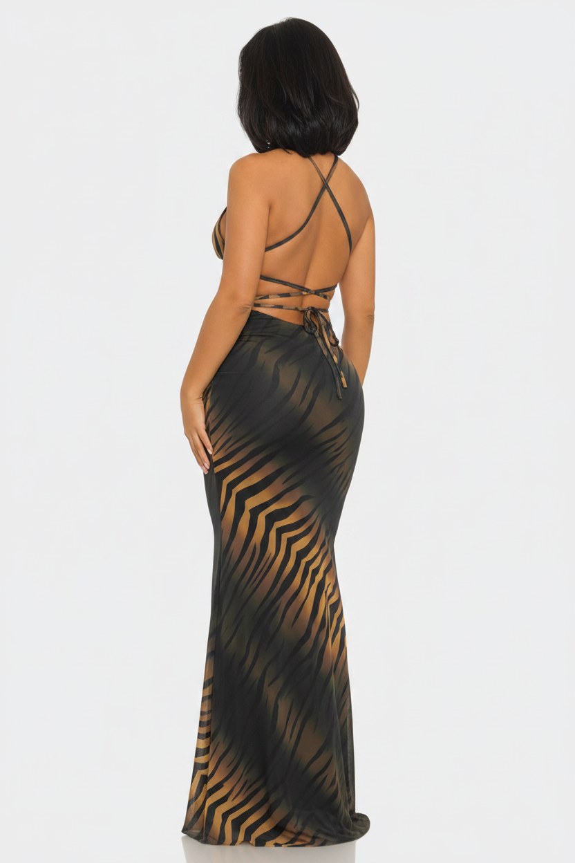 Tiger Print Mesh Maxi Dress - Studio Enhanced