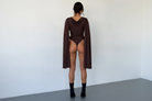 Chocolate Brown Draped Cowl Cape Bodysuit - Back View Studio Enhanced