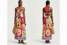 Tropical Postage Stamp Halter Maxi Dress - Front Studio Enhanced