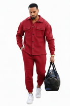 Men's Fleece Overshirt & Jogger Co-ord Set – Red Walking View