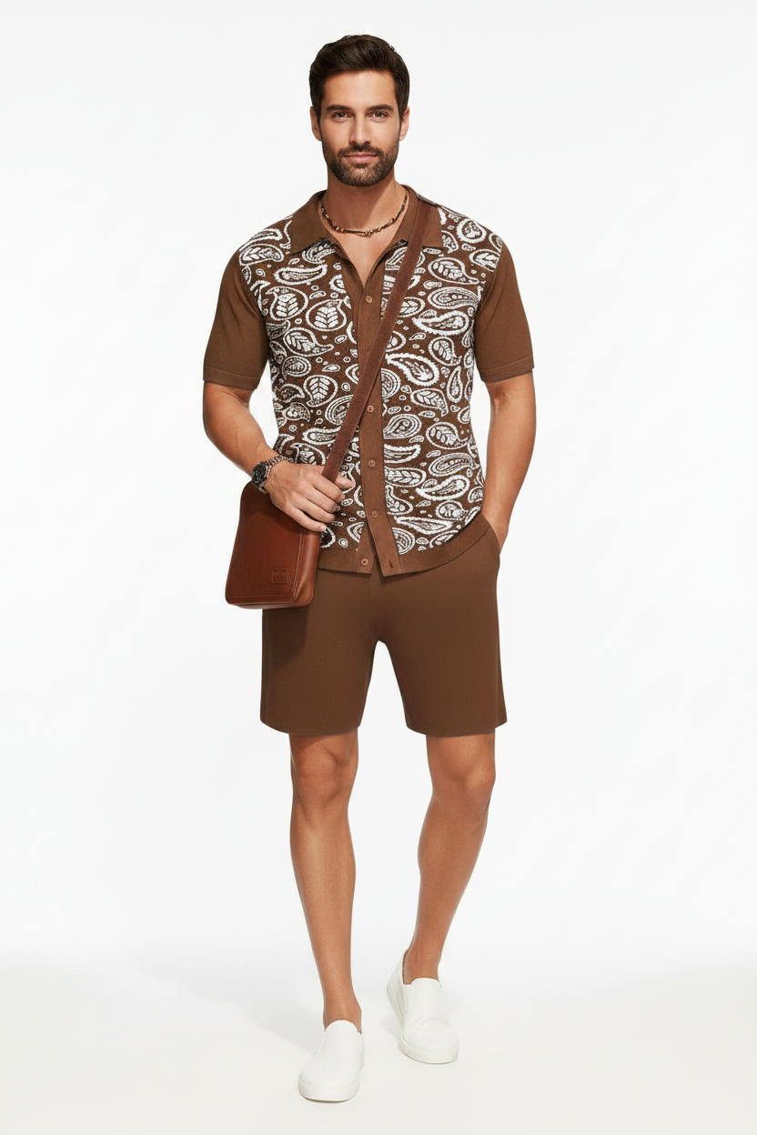 Paisley Knit Co-ord Set – Brown Model Front View