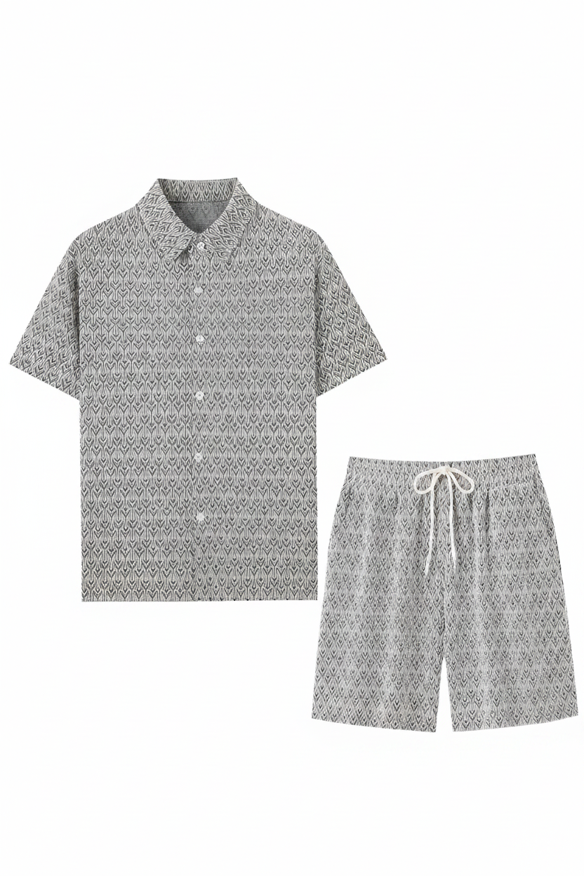 Men's Geometric Arrow Jacquard Co-ord Set – Grey Flat Lay