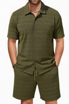 Men's Geometric Arrow Jacquard Co-ord Set – Dark Olive Model Front View