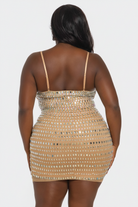 Gold Iridescent Mirror Rhinestone Mesh Bodycon Mini Dress - Back View