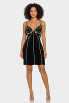 Midnight Spark black rhinestone velvet bodycon mini dress front view