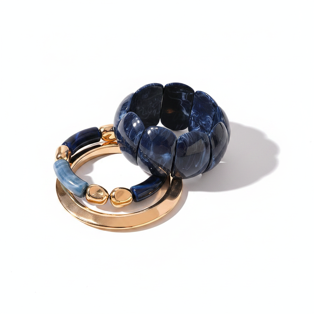 Navy Blue Marbled Resin & Gold Bracelet Stack Set