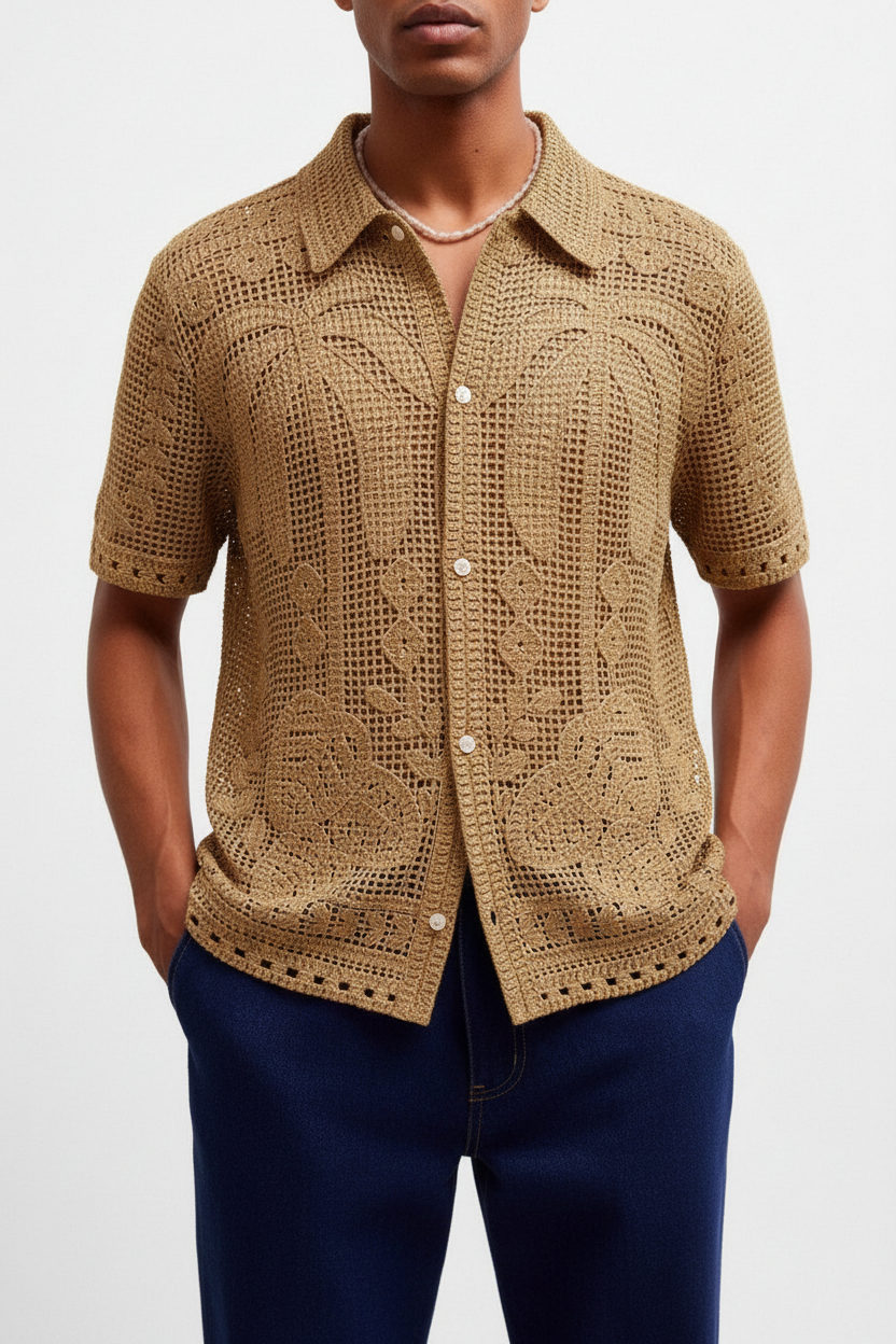 Men's Gold Crochet Lace Shirt – Front View on Model