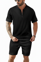 Men's Waffle-Knit Quarter-Zip Co-ord Set – Black Model Front View