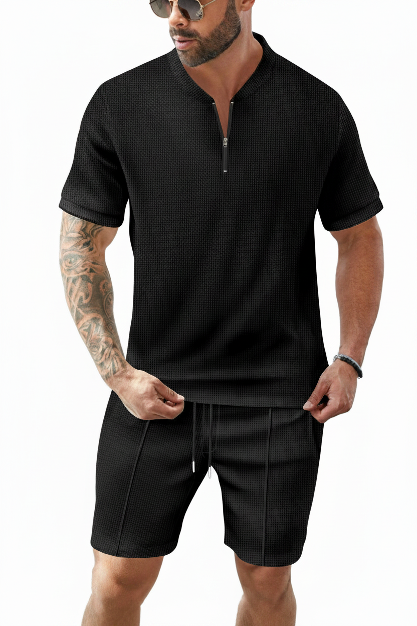 Men's Waffle-Knit Quarter-Zip Co-ord Set – Black Model Front View