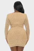 Nude Pearl Rhinestone Long Sleeve Plunge Bodycon Mini Dress - Back View