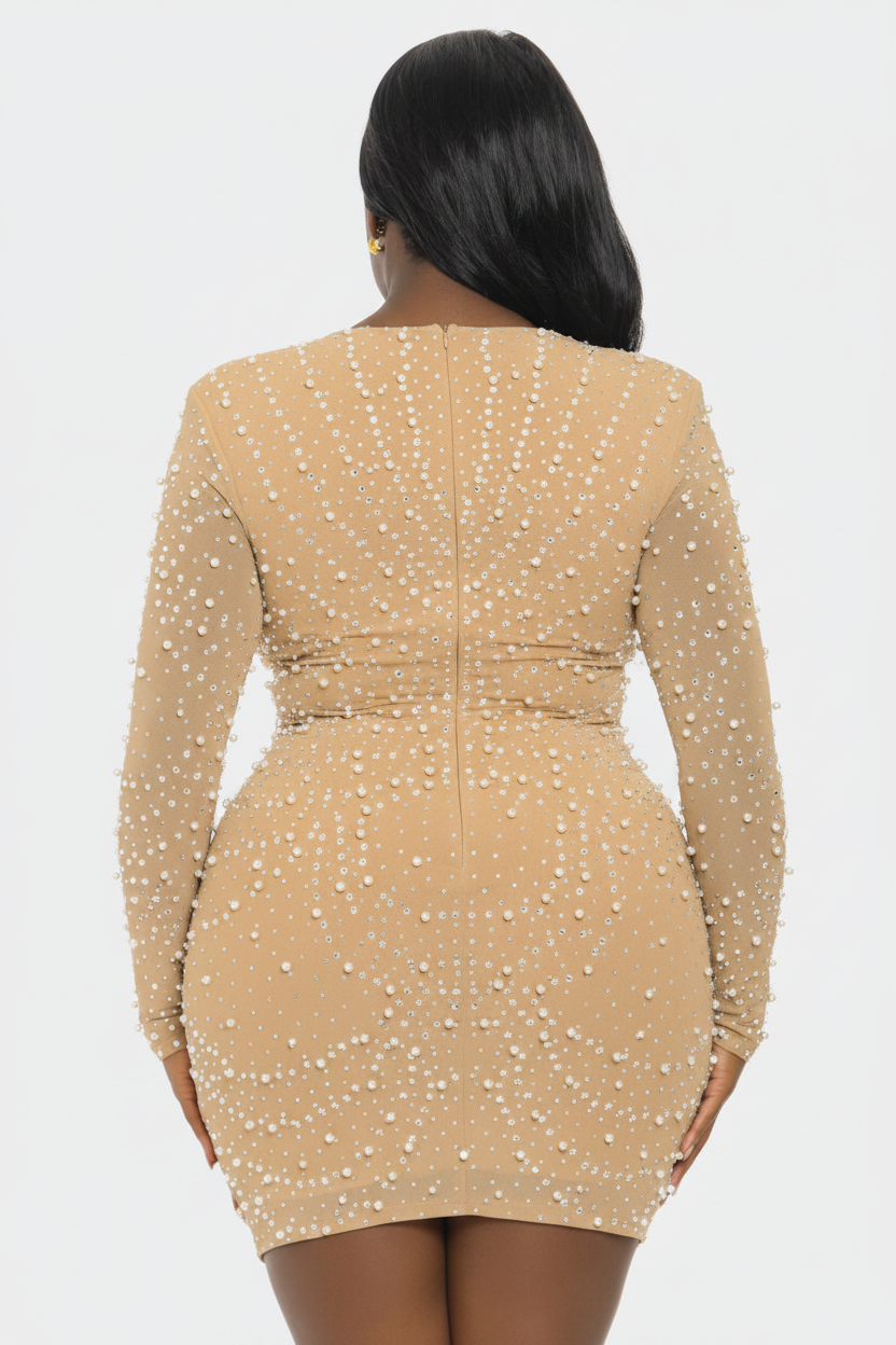 Nude Pearl Rhinestone Long Sleeve Plunge Bodycon Mini Dress - Back View