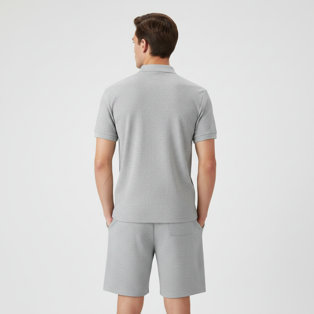 Men's Waffle-Knit Quarter-Zip Co-ord Set – Grey Back Flat Lay
