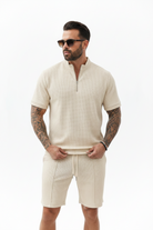 Men's Waffle-Knit Quarter-Zip Co-ord Set – Cream Model Front View