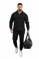 Men's Fleece Overshirt & Jogger Co-ord Set – Black Walking View