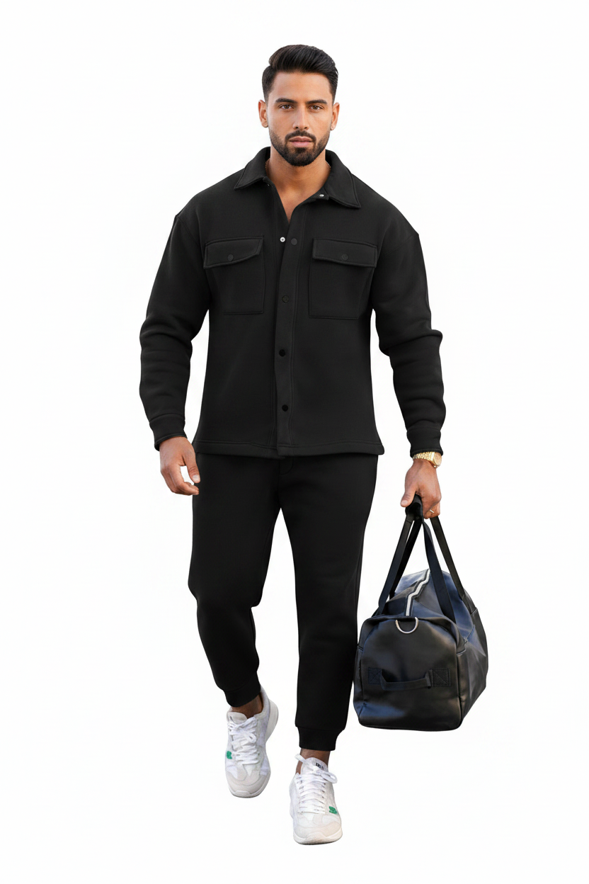Men's Fleece Overshirt & Jogger Co-ord Set – Black Walking View