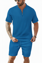 Men's Waffle-Knit Quarter-Zip Co-ord Set – Blue Model Front View