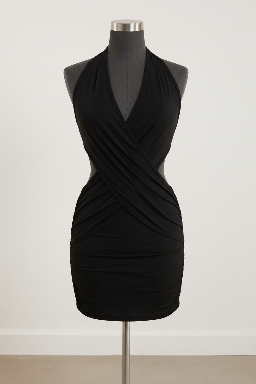 Halter Neck Ruched Bodycon Mini Dress - Black Studio Enhanced