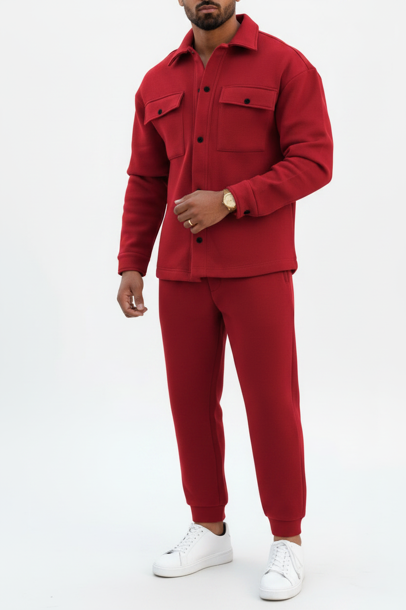Men's Fleece Overshirt & Jogger Co-ord Set – Red Front View